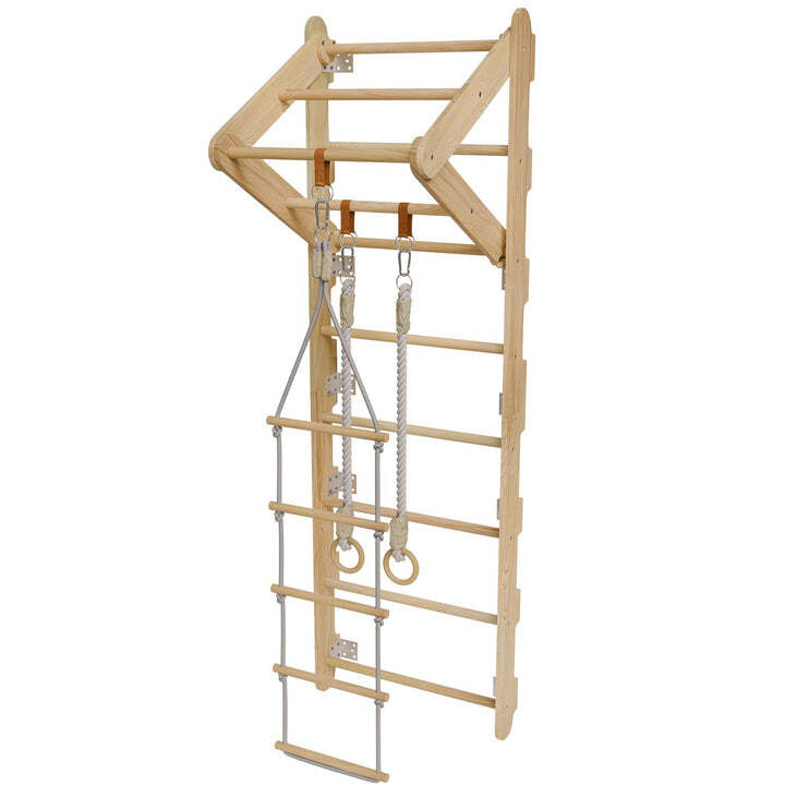 Sprossenwand für Kinder Kletterwand mit Strickleiter Turnringen Holz natur 2,1 m - 4262437183275
