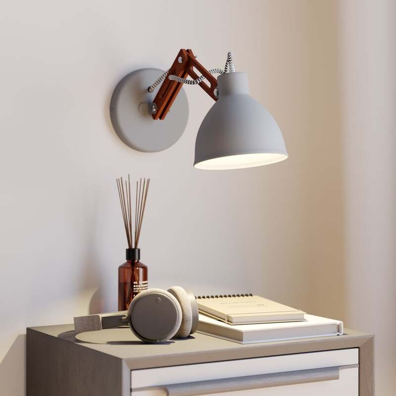 Wandlampe Skansen Holzarm dimmbar grau Leuchte aus Holz und Metall 25cm hoch - 5907687434621
