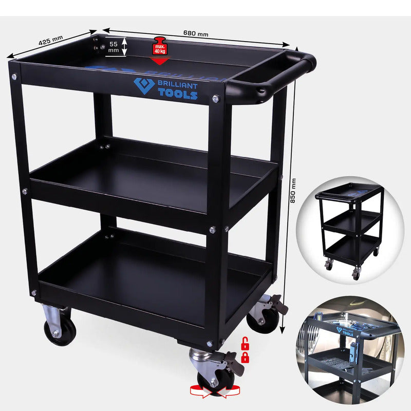 Brilliant Tools Servicewagen BT150900 Werkstattwagen mit 3 Ablagen und Rollen - 4042146769942