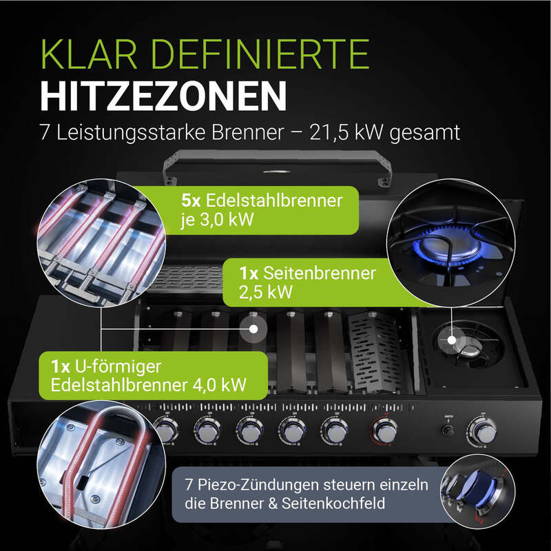 BBQ Gasgrill Tennessee 6 Brenner Edelstahlbrenner Seitenbrenner schwarz 21,5kW - 4262437186955