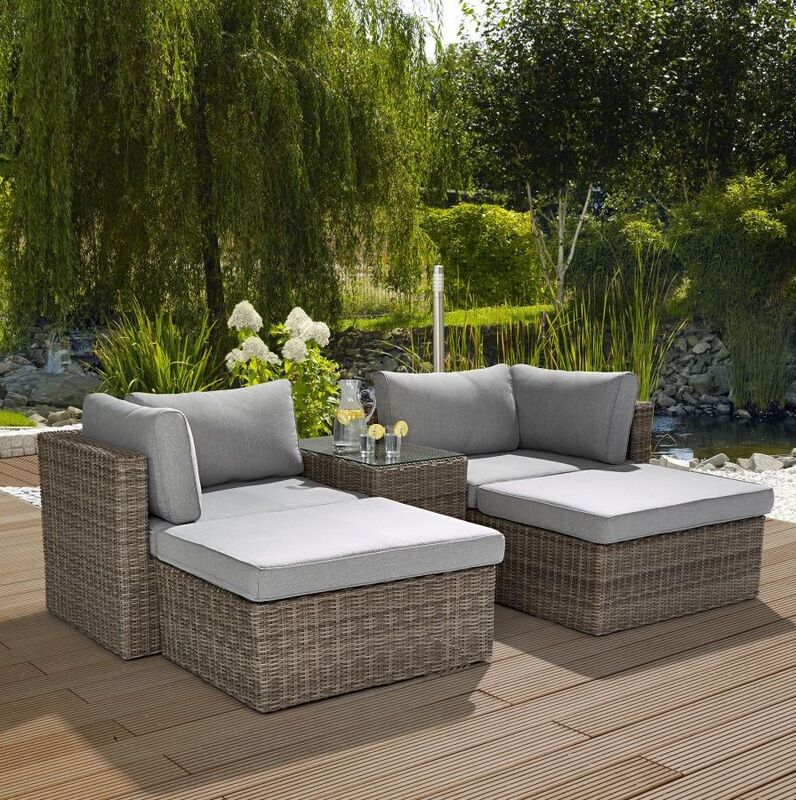 Lounge-Set Olea 5-teilig Polyrattan Sand Ecklounge Sitzgruppe Sonneninsel Garten - 4007873338434