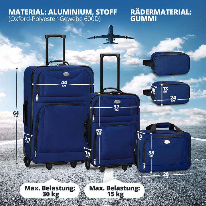 Reise Trolley Kofferset Athen 5-teilig 2 Trolleys Umhängetasche Set blau - 4260565527619