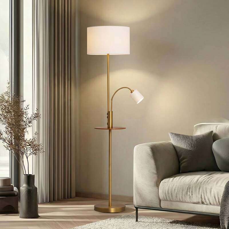 Lindby Stehlampe Aovan LED Lampe mit Ablage USB-Anschluss bronze creme 170cm - 4251911702620