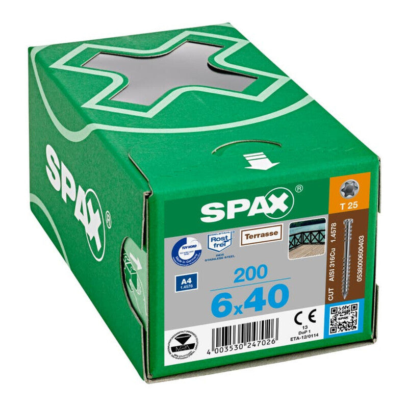 SPAX Terrassenschraube Edelstahl A4 6mm 40mm CUT-Spitze Teilgewinde 200 Stück - 4003530247026