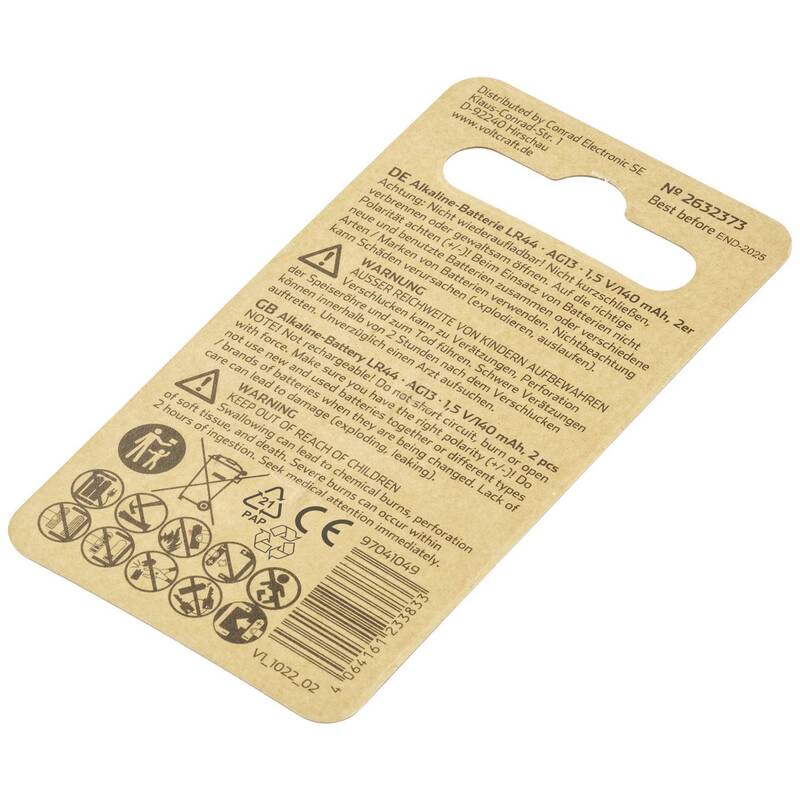 VOLTCRAFT Knopfzelle LR44 1.5 V 2 St. 140 mAh Alkali-Mangan AG13 2x - 4064161233833