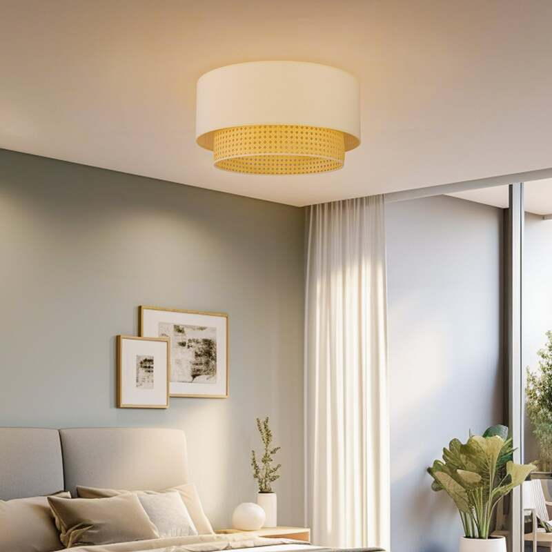 Deckenleuchte Boho creme Holz Ø45cm Rattan dimmbar Lampe Leuchte für Wohnräume - 5903689189729