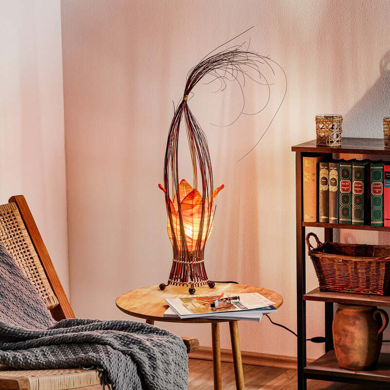 Woru Tischleuchte Lampe Elena Stoffschirm Orange Holz Textil Schalter Unikat - 4250323846137