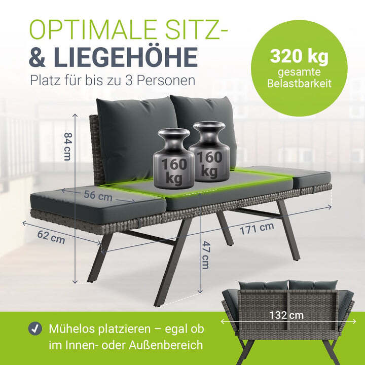Polyrattan Multifunktionsbank Calvia Gartenbank Liegefunktion grau 171x62x84 cm - 4262437187495