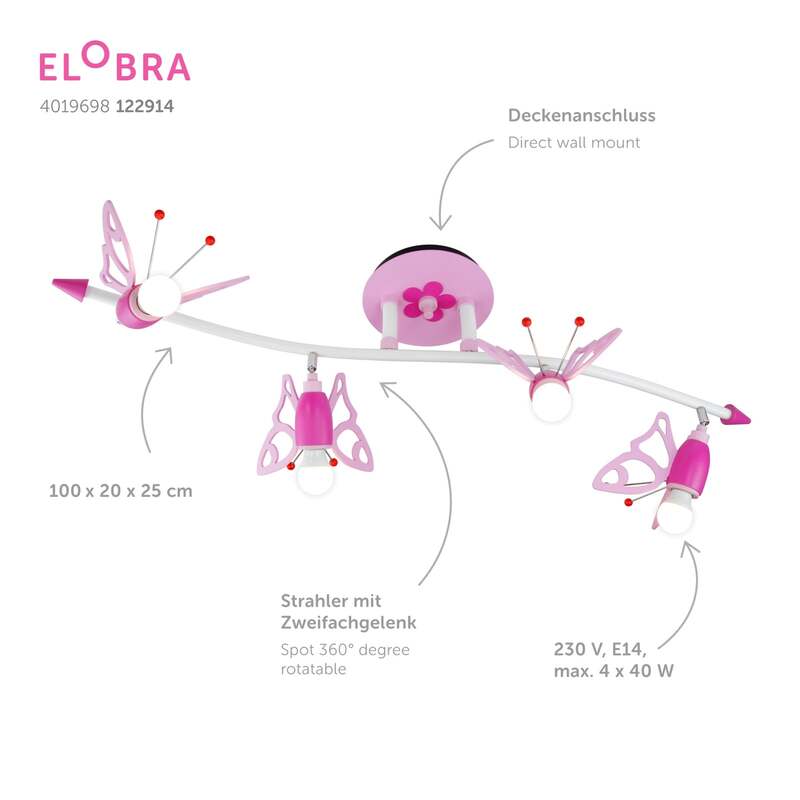 Elobra Deckenstrahler Lampe Kinderzimmer Falter rosa 4-flammig Holz E14 100cm - 4019698122914
