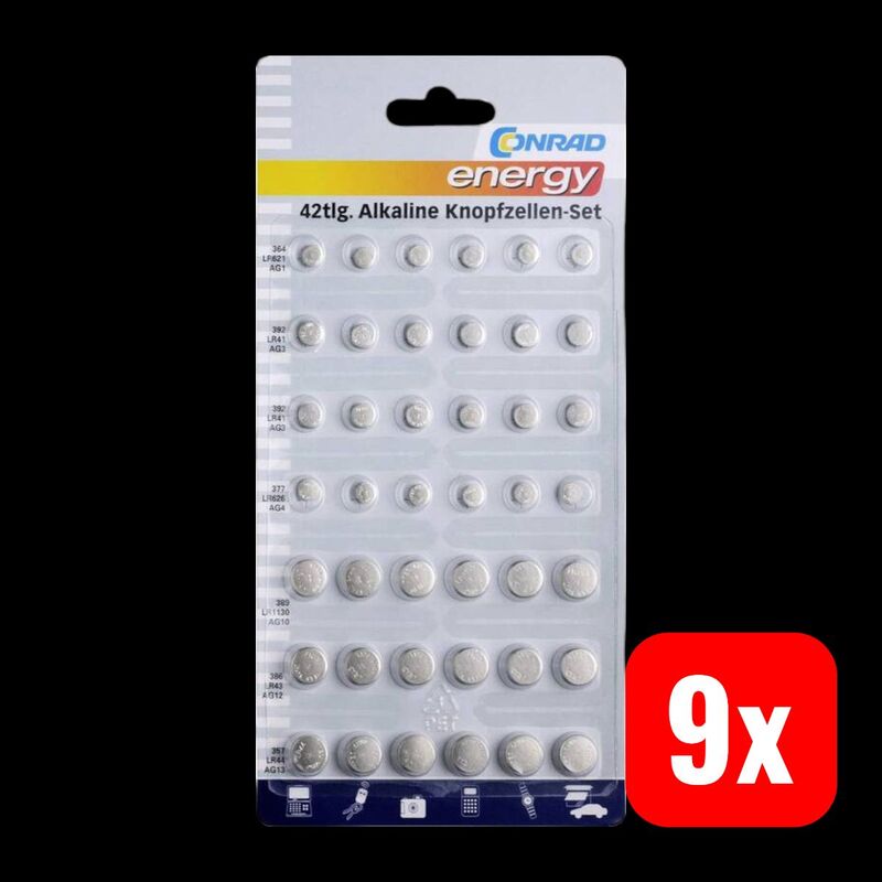 Conrad energy Knopfzellen-Set 6x AG1 12x AG3 6x AG4 9x AG10 3x AG12 6x AG13 Akku - 4053199932108