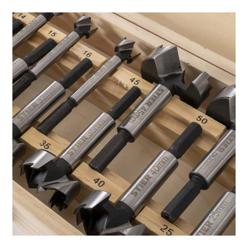 Stier Forstnerbohrer Bohrer Set 15-teilig in Holz-Kassette 10-50mm C45 Stahl - 4251709636229