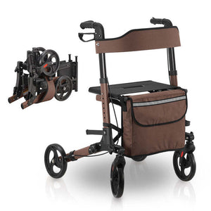 B-Ware Aluminium Rollator Vital klappbar Gehhilfe mit Sitz und Tasche für Alltag braun