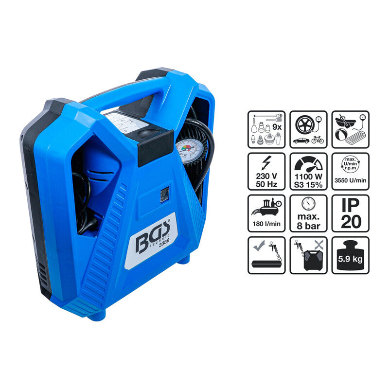 BGS technic Druckluft Kompressor 3386 tragbar 1100W 8bar 180l/min Adapter-Set - 4026947033860