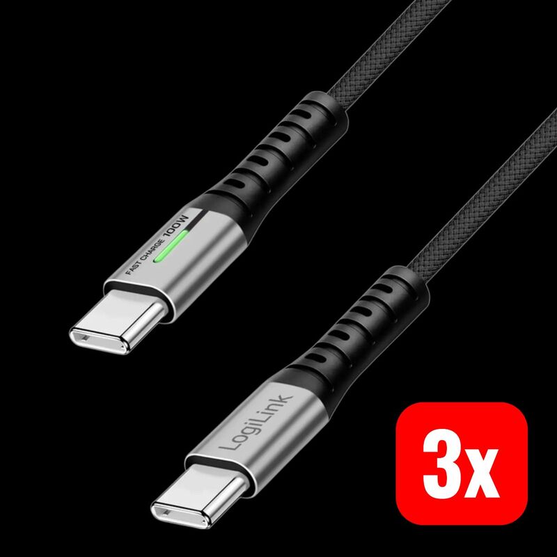 LogiLink USB-C Kabel USB 3.2 Gen2x2 2m Schwarz mit LED 4K UHD Datenkabel 100W - 4052792079913