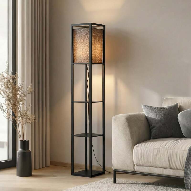 Lindby Stehleuchte Birta schwarz Regal Holz Lampe 159cm E27 15W LED Leuchte - 4251911772807