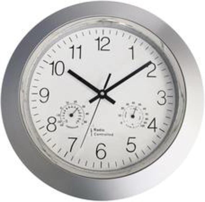 Eurotime Funk-Wanduhr 34 cm Silber mit Thermo Hygro DCF-77 analog - 4044685500857