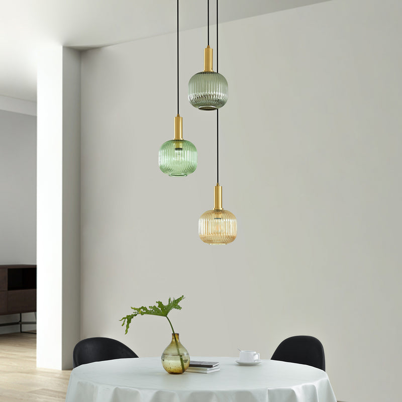 Lindby Hängeleuchte Doroteo 3-flg grün amber grau 45 cm Glas dimmbar E27 - 4251911792997