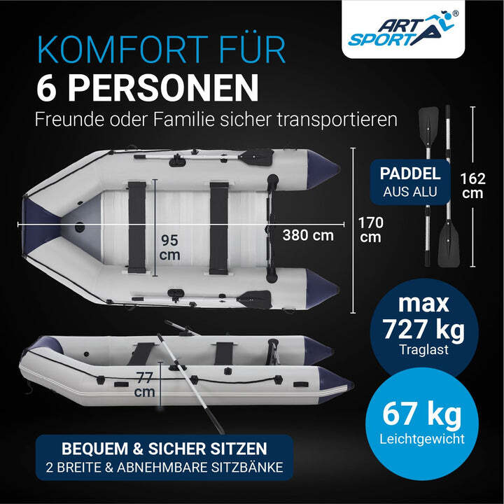 Schlauchboot 3,80m Paddelboot für 6 Personen PVC Boot inkl. Paddel Luftpumpe Set - 4260565520191