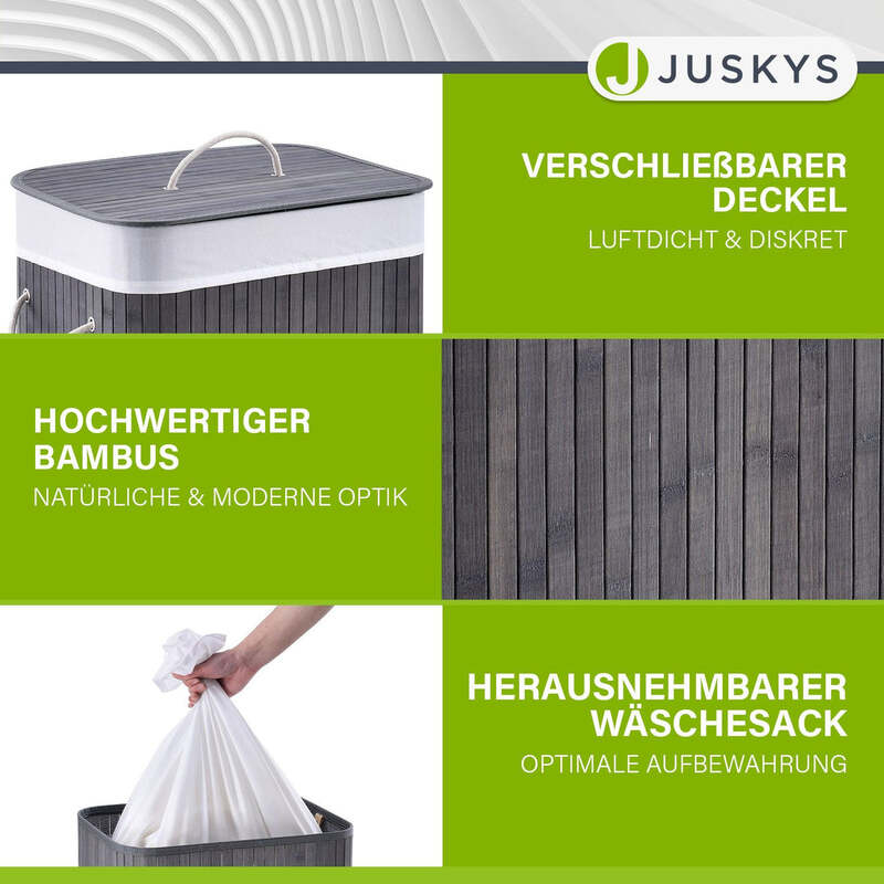 Bambus Wäschekorb Curly mit Deckel Tragegriff Wäschesack 72l grau 40x30x60cm - 4260565524410