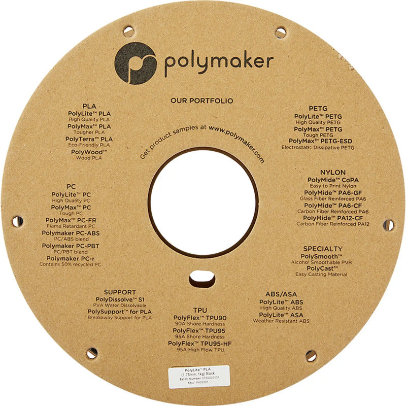 Polymaker Filament PolyLite PLA 1,75mm 1000g Schwarz Hochwertiges Druckmaterial - 6938936709664
