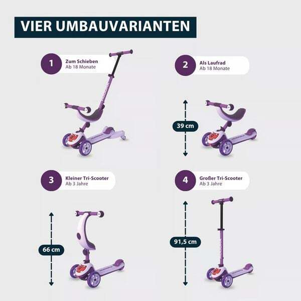 HUDORA Monopattino 4-in-1 Kinderfahrzeug Trike Scooter mit LED-Rädern lavendel - 4005998110546