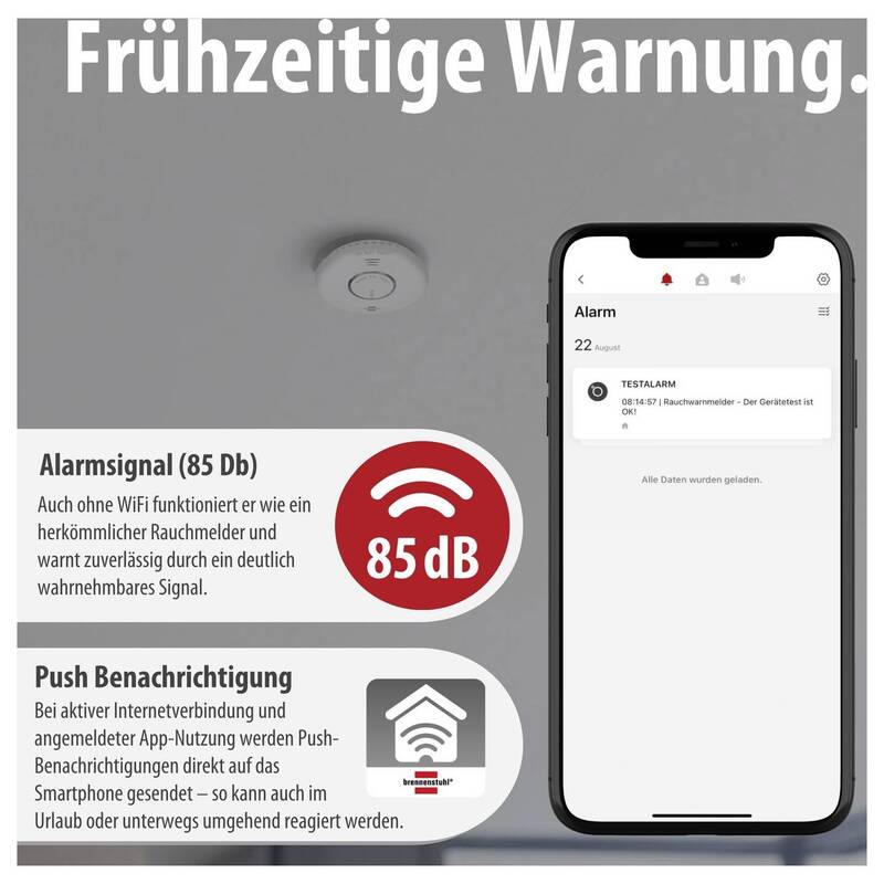Brennenstuhl Rauchwarnmelder batteriebetrieben App-Steuerung 85dB Ø120mm - 4007123688951