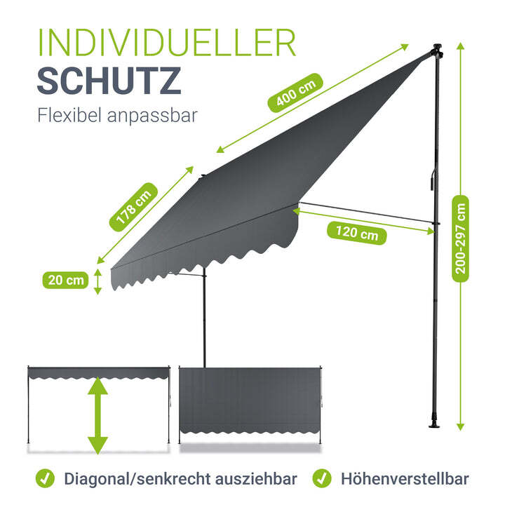 Klemmmarkise Kapstadt Sonnenschutz Handkurbel UV-beständig grau 400x120 cm - 4262437183763