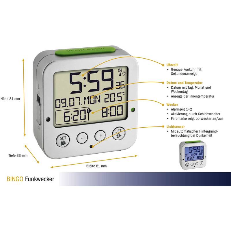 TFA Dostmann Funkwecker digital Alarmzeiten 2 silber Kunststoff 81x81x33mm Uhr - 4009816027580