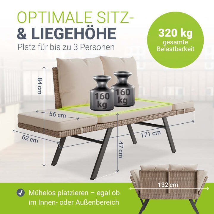 Polyrattan Gartenbank Calvia Creme Sand Liegefunktion 2-3 Personen Multifunktion - 4262437187501