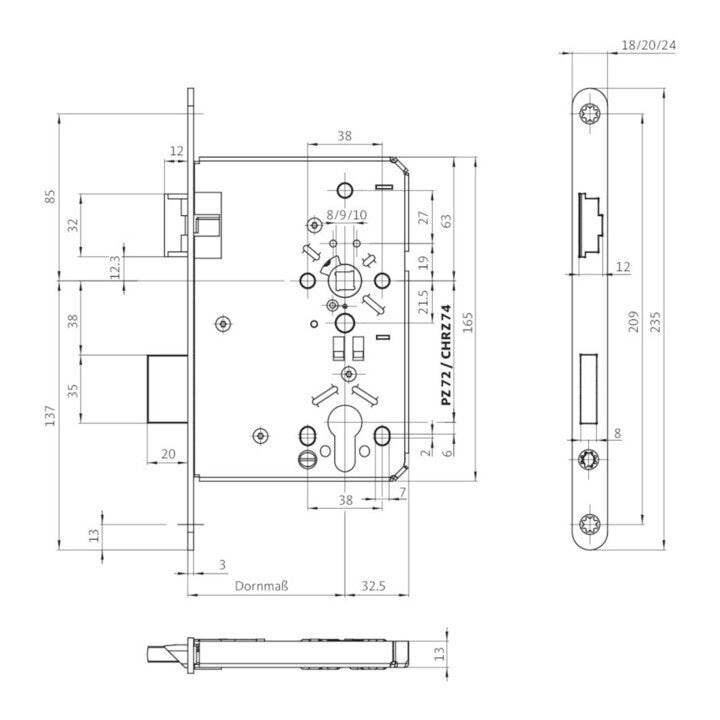 BKS Einsteckschloss Schloss 0615 PZW 20 55 72 8mm DIN R VA rund Klasse 5 - 4015540735134