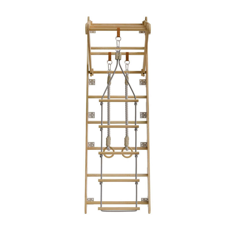 Sprossenwand für Kinder Kletterwand mit Strickleiter Turnringen Holz natur 2,1 m - 4262437183275