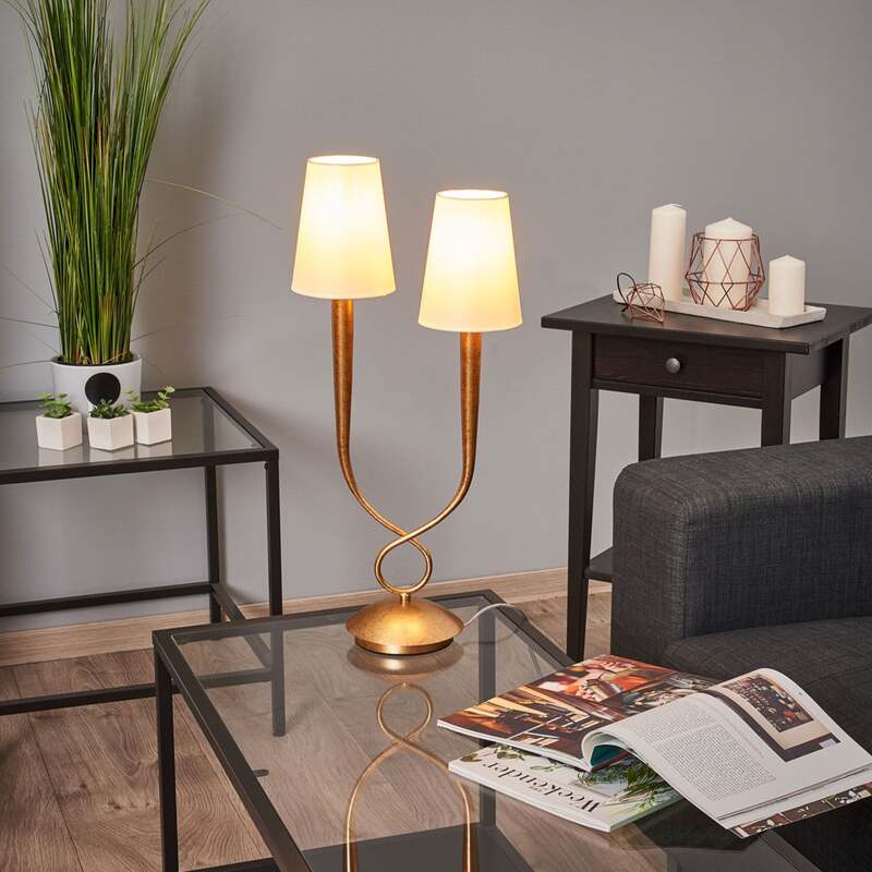 Mantra Iluminación Tischleuchte Paola Tischlampe E14 2fl gold mit Textilschirmen - 8435153235467