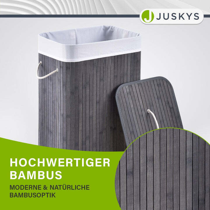 Bambus Wäschekorb Curly mit Deckel Tragegriff Wäschesack 72l grau 40x30x60cm - 4260565524410