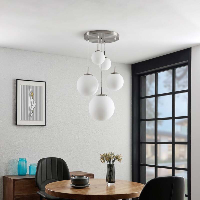 Lindby Hängeleuchte Heleska LED Pendelleuchte Lampe 5-flammig weiß Ø50cm nickel - 4251096595017