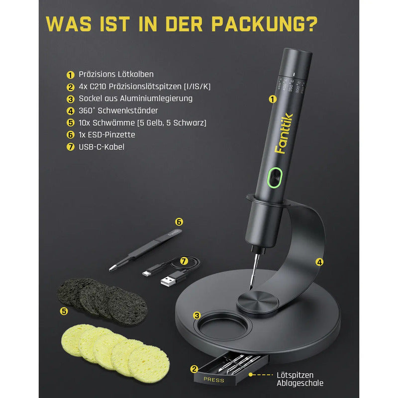 FANTTIK Lötkolben Set Lötstation Akku Lötspitzen Schwämme Pinzette Ständer USB - 4064161487700
