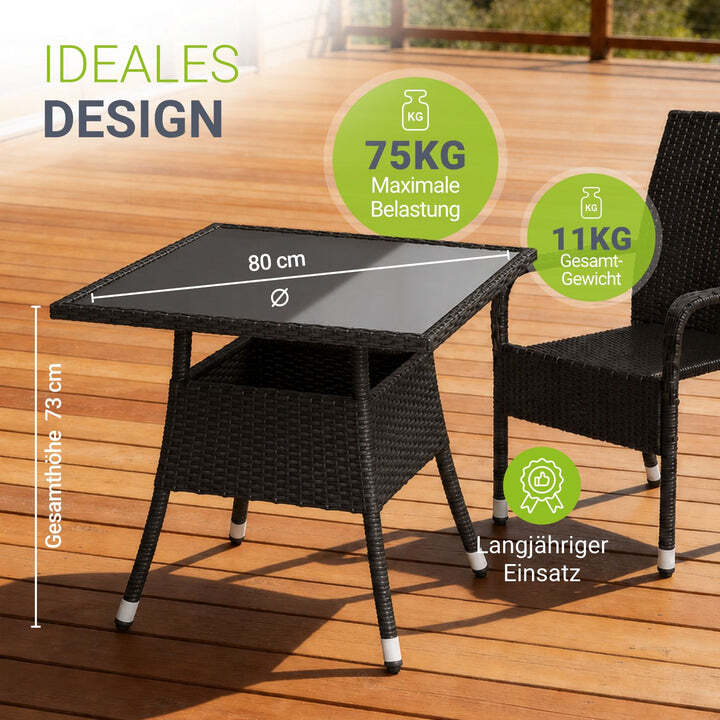 Eckiger Gartentisch Yoro Polyrattan Tisch mit Glasplatte 80x80cm schwarz - 4262437180205