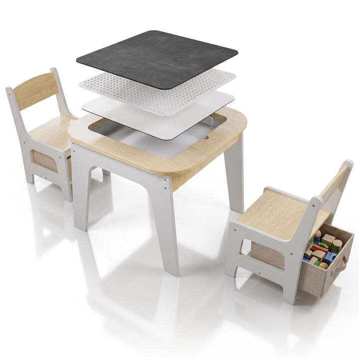 Kinderspieltisch Milou mit zwei Stühlen Stauraum und Schubfächern aus Holz natur - 4262437182803