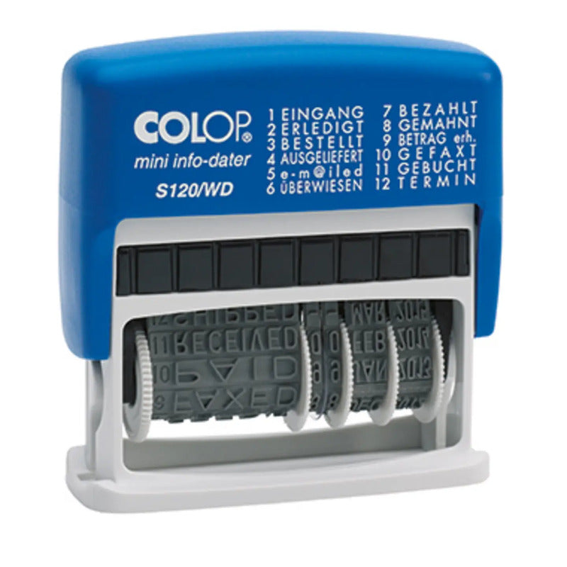 COLOP Datumstempel Stempel Info Dater Mini Datum Text Blau Grau 12 Textvorlagen - 9004362356172