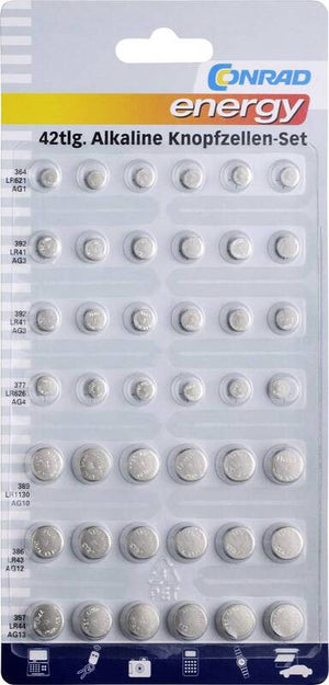 B-Ware Conrad energy Knopfzellen-Set 6x AG1 12x AG3 6x AG4 9x AG10 3x AG12 6x AG13 Akku