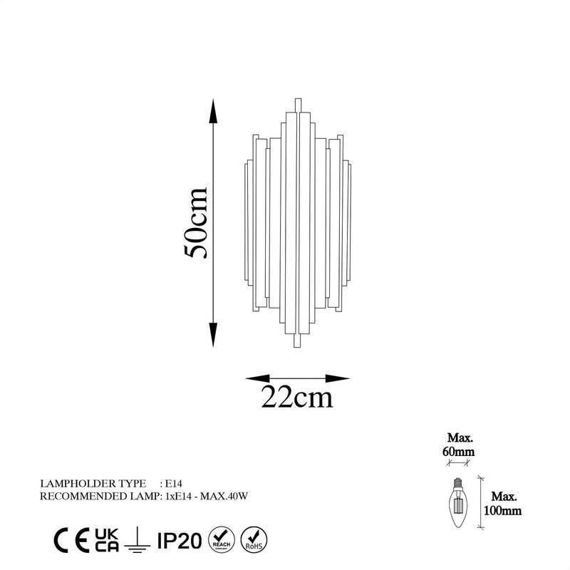 Wandleuchte Reis 13341 goldfarben Metall Höhe 50 cm Wandlampe Lampe Leuchte Spot - 8683743823956