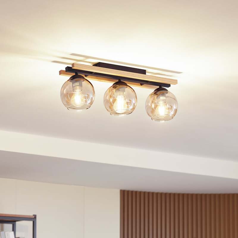 Lindby Deckenlampe Enrique LED 3-flammig Hängeleuchte Lampe amber Holz Glas - 4251911774856
