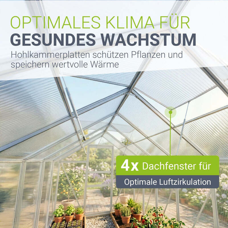 Aluminium Gewächshaus 7,2 m² mit Stahlfundament für optimale Pflanzenbedingungen - 4262437187334