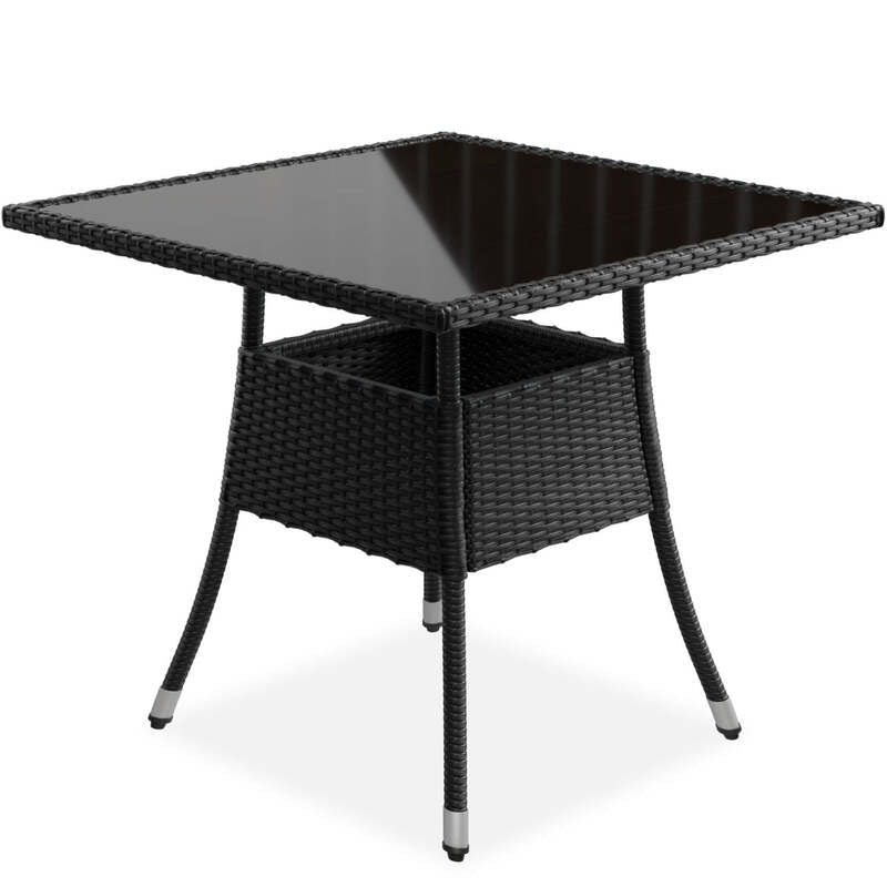 Eckiger Gartentisch Yoro Polyrattan Tisch mit Glasplatte 80x80cm schwarz - 4262437180205