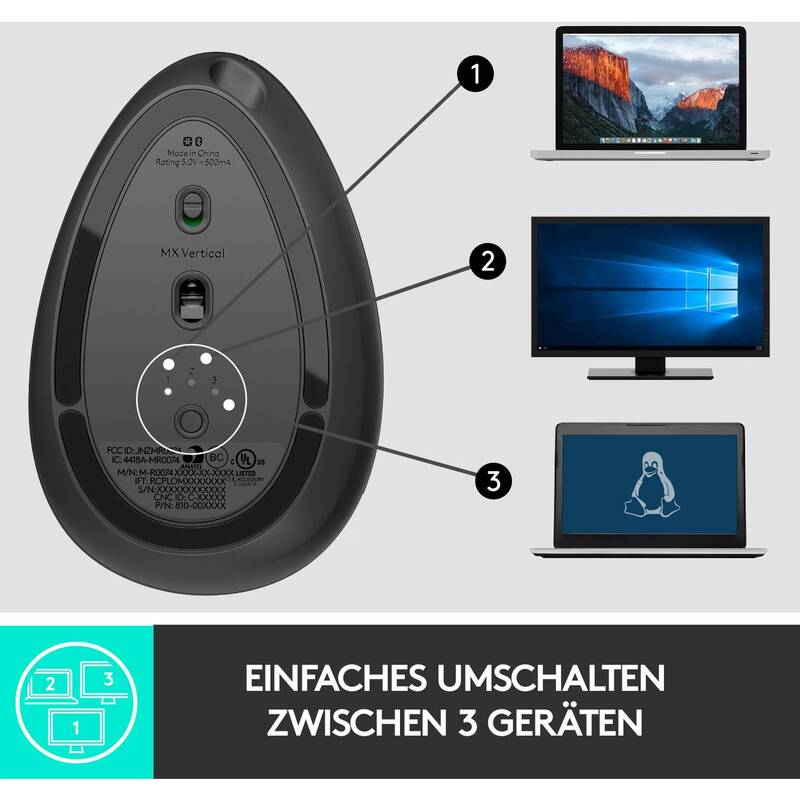 Logitech Ergonomische Maus MX Vertical Bluetooth Schwarz Silber 4 Tasten 4000dpi - 5099206081901