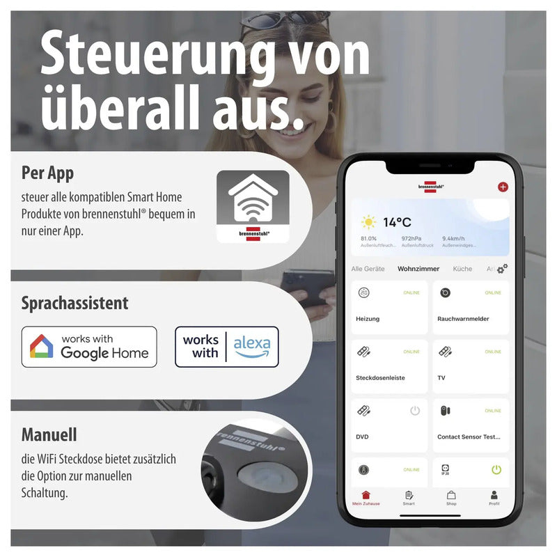 Brennenstuhl Connect WiFi Steckdose WA 3 Schwarz IP54 3680W Außenbereich - 4007123692965