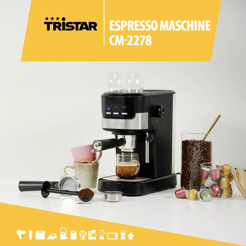 Tristar CM-2278 Espressomaschine 20 bar 1,25 l Edelstahl schwarz mit Dampfdüse - 8712836985483