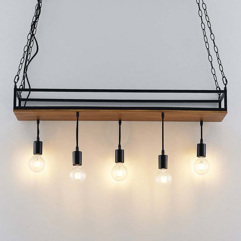 Lindby Pendelleuchte Kirista 5-flg LED schwarz Holz 100cm E27 Leuchte Lampe - 4251911734812