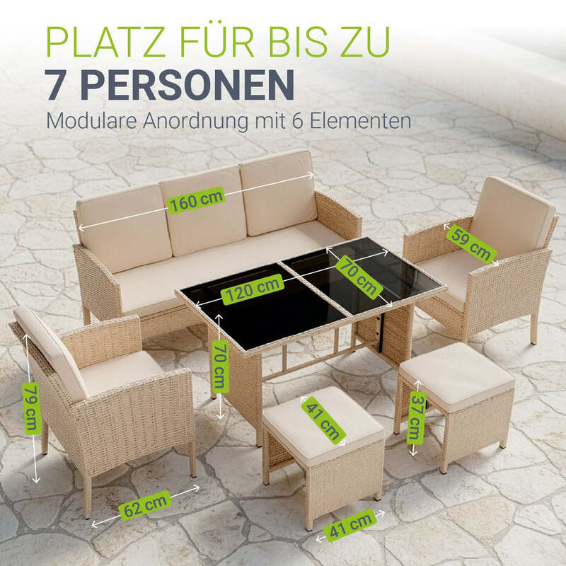 Rattan Sitzgruppe Turin Polyrattan Gartenmöbel Set für 7 Personen mit Kissen - 4262437186627