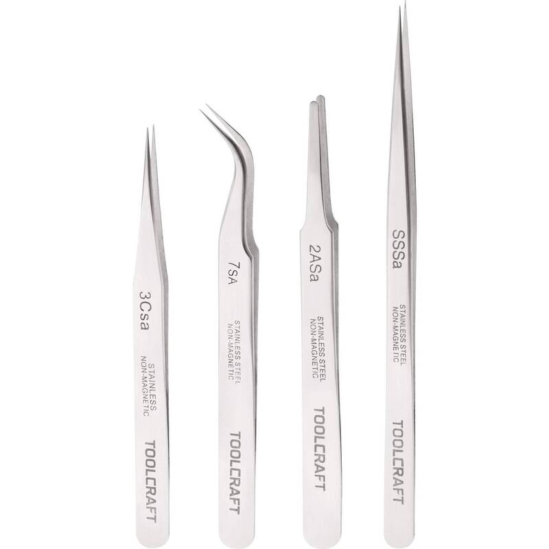TOOLCRAFT Pinzette Edelstahl Set 4teilig Flach-rund Sichelspitze gebogen 55° - 4016138578867