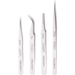 B-Ware TOOLCRAFT Pinzette Edelstahl Set 4teilig Flach-rund Sichelspitze gebogen 55°
